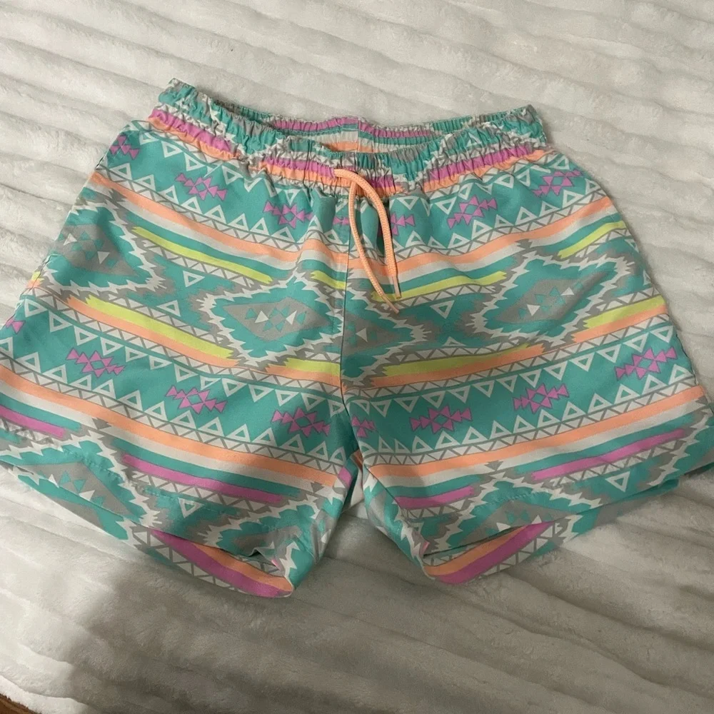 Chubbies Teal and Pink Patterned Swim Trunks